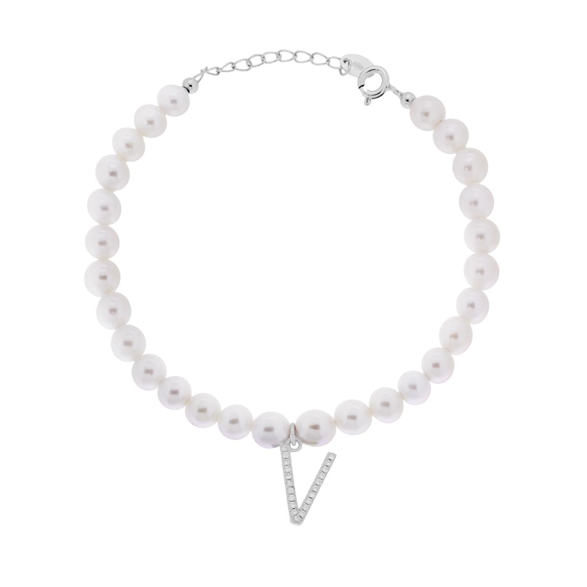 Bracciale Perla con Accessorio Lettera con Zirconi Bianchi in ARGENTO 925 Galvanica Rodio