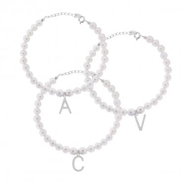 Bracciale Perla con Accessorio Lettera con Zirconi Bianchi in ARGENTO 925 Galvanica Rodio