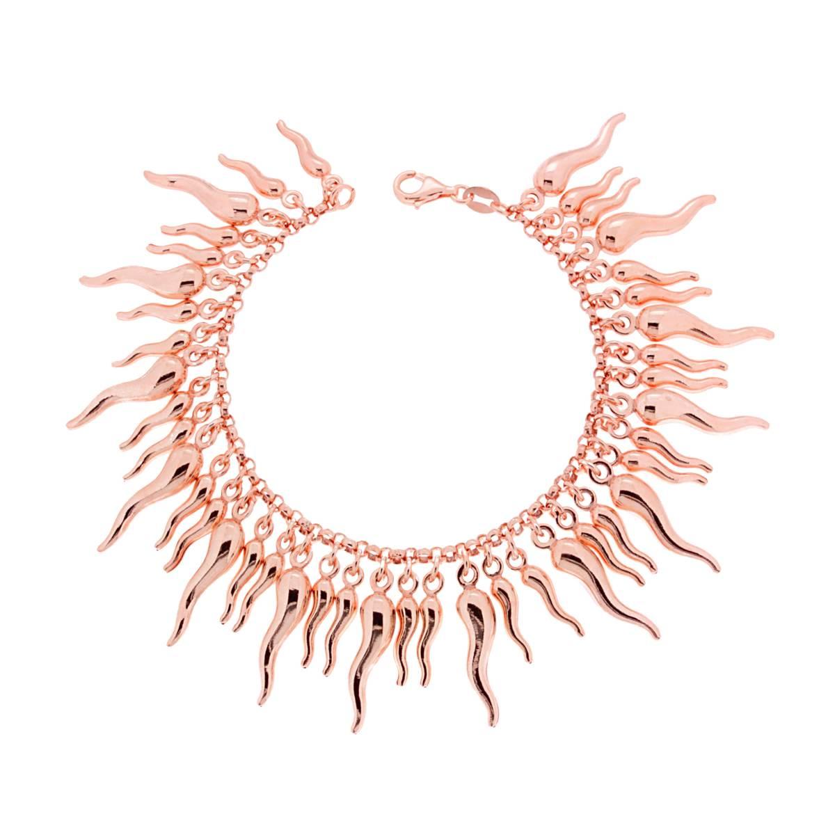 Bracciale Catena rolo con Corni Portafortuna pendenti in ARGENTO 925 Galvanica Rosa