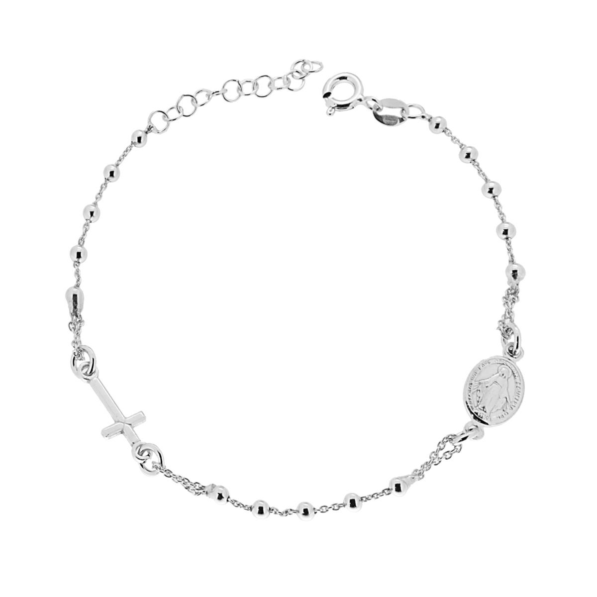 Bracciale Rosario cm 18+2 con Grani Pallina Liscia mm 2,5 con Croce e Medaglia Madonna in ARGENTO 925 Galvanica Rodio