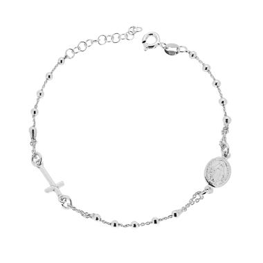 Bracciale Rosario cm 18+2 con Grani Pallina Liscia mm 2,5 con Croce e Medaglia Madonna in ARGENTO 925 Galvanica Rodio