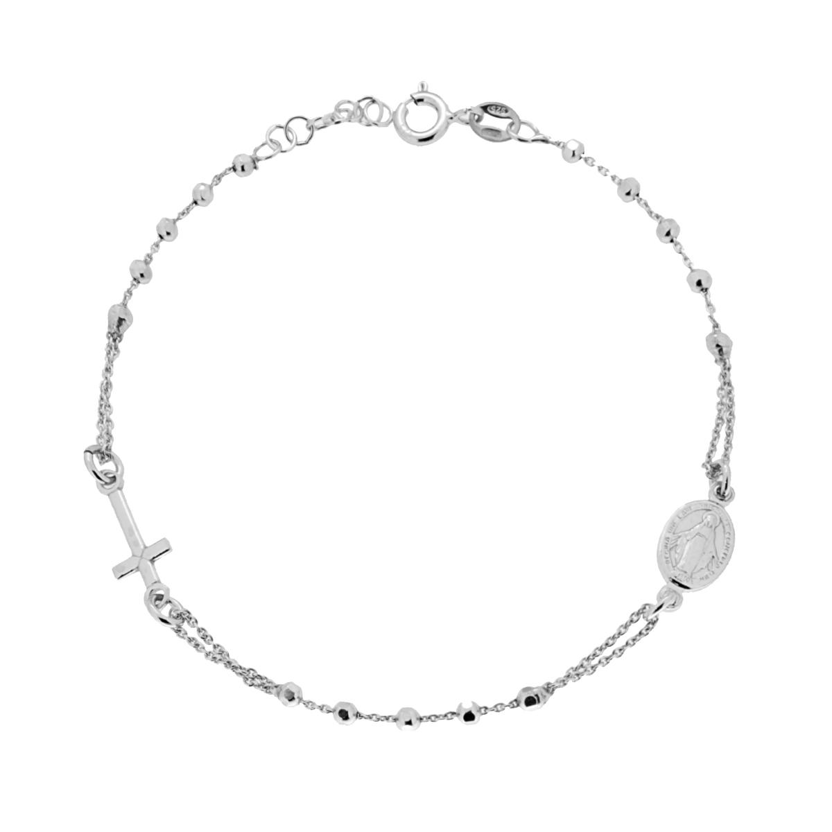 Bracciale Rosario cm 19+2 con Grani Sfaccettati mm 2.5 con Croce e Medaglia Madonna in ARGENTO 925 Galvanica Rodio