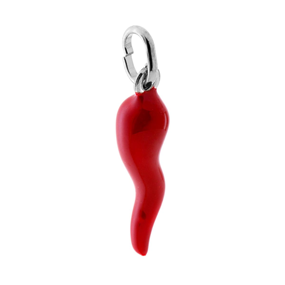 Ciondolo Portafortuna Corno mm 26 con Smalto Rosso in ARGENTO 925 Galvanica Rodio