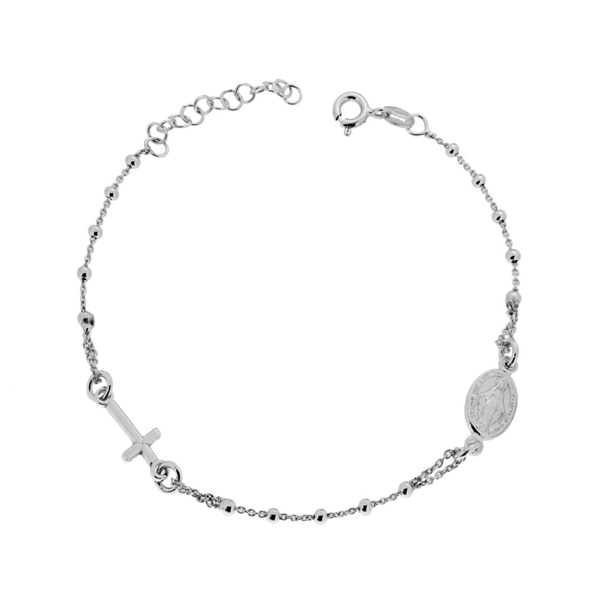 Bracciale Rosario cm 17+3 con Grani Pallina Liscia mm 2 con Croce e Medaglia Madonna in ARGENTO 925 Galvanica Rodio