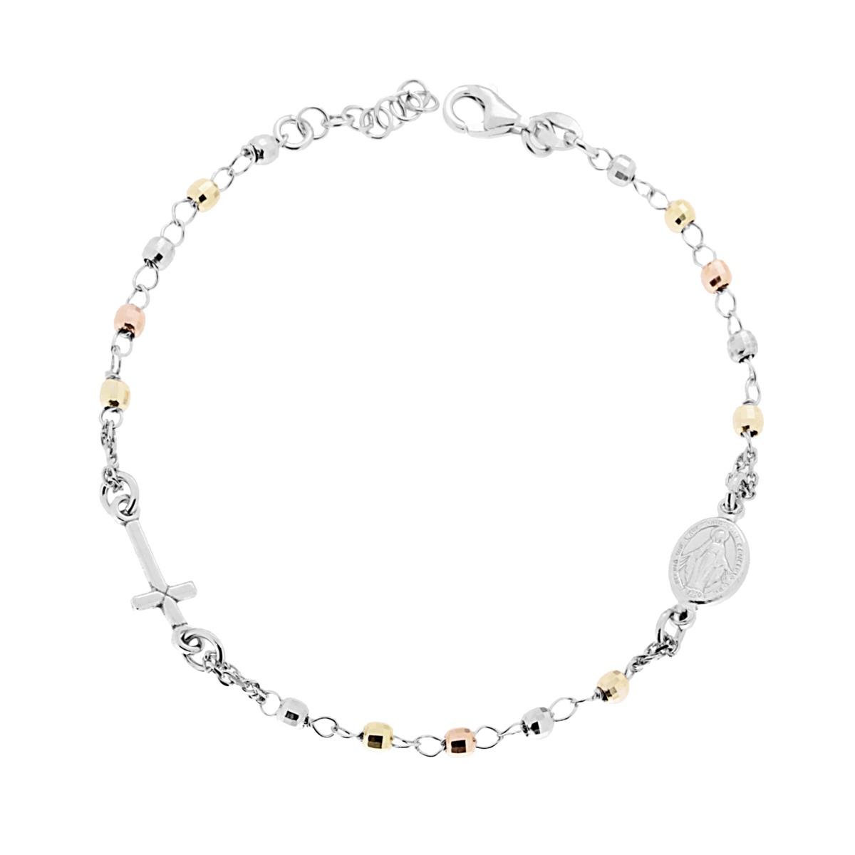 Bracciale Rosario cm 20 con Grani Sfaccettati mm 3 con Croce e Medaglia Madonna in ARGENTO 925 Rodiato e Galvanica Oro e Rosata