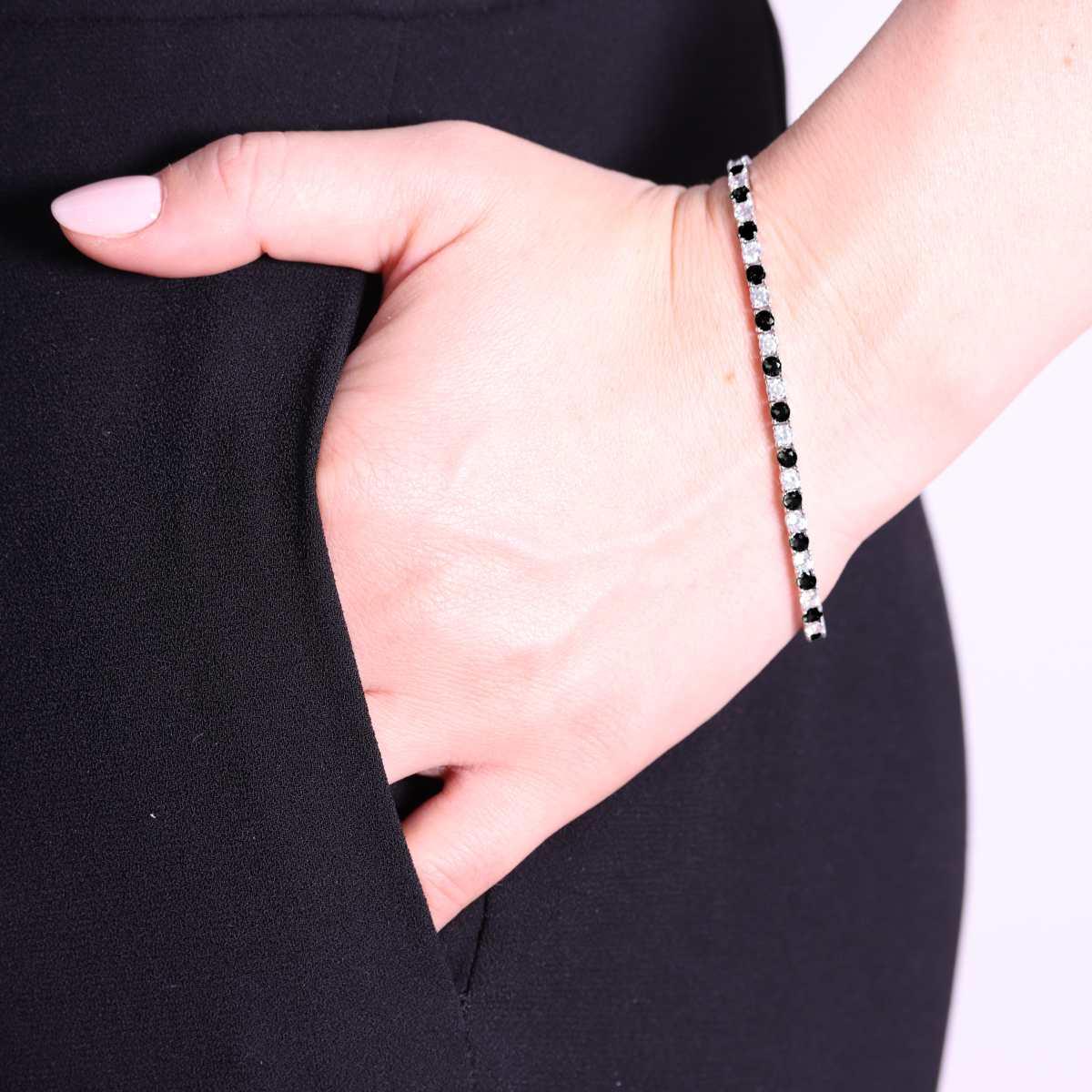 Bracciale Tennis Griffe cm 18 con Zirconi mm 3 Bianchi e Nero alternati in ARGENTO 925 Galvanica Rodio