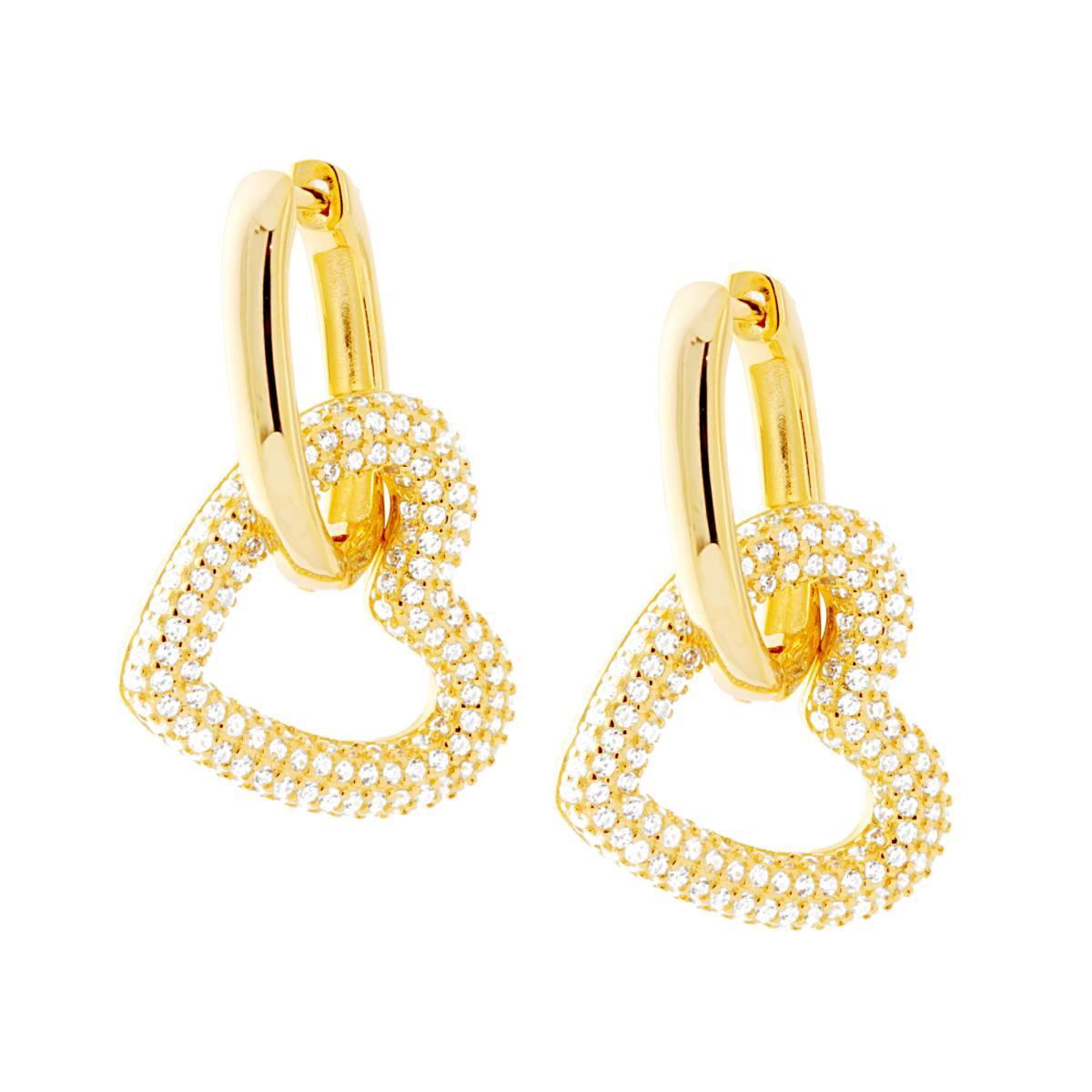 Orecchini Chiusura Inglese con Cuore pendente e Zirconi Bianchi in ARGENTO 925 Galvanica Oro