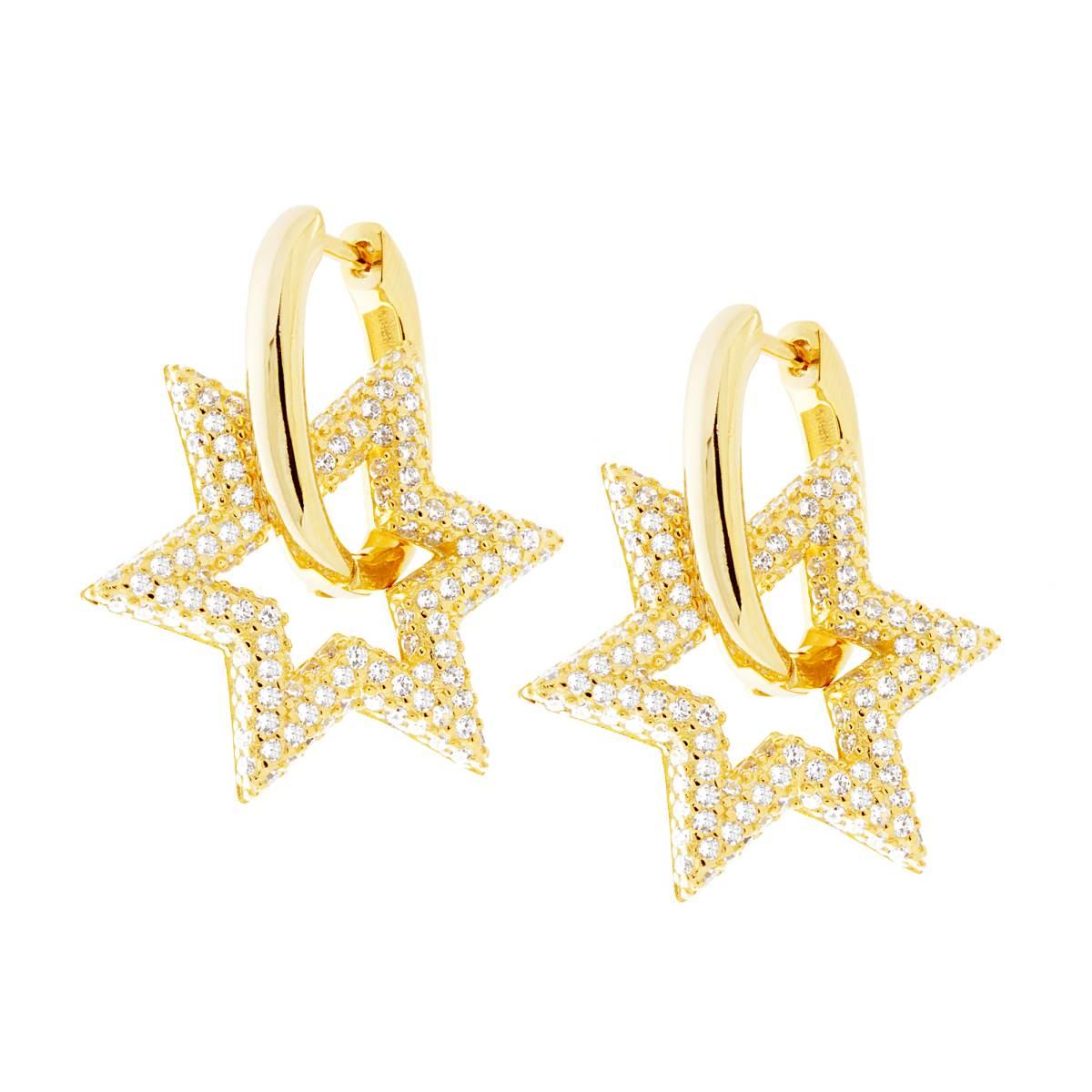 Orecchini Chiusura Inglese con Stella pendente e Zirconi Bianchi in ARGENTO 925 Galvanica Oro