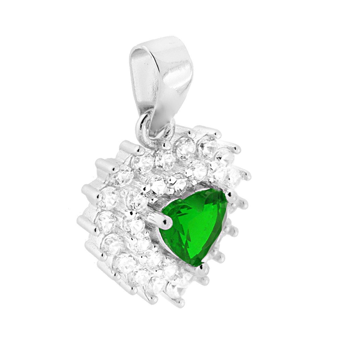Ciondolo Cuore Zircone Verde Smeraldo contornato da Zirconi Bianchi in ARGENTO 925 Galvanica Rodio