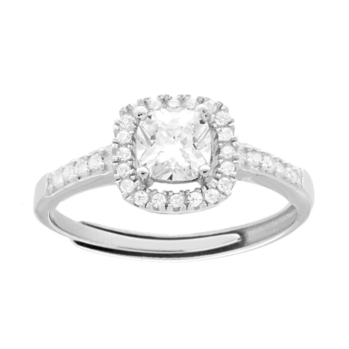 Anello Halo Solitario con Zircone Quadrato Cushion Bianco Contornato con Zirconi Bianchi in ARGENTO 925 Galvanica Rodio