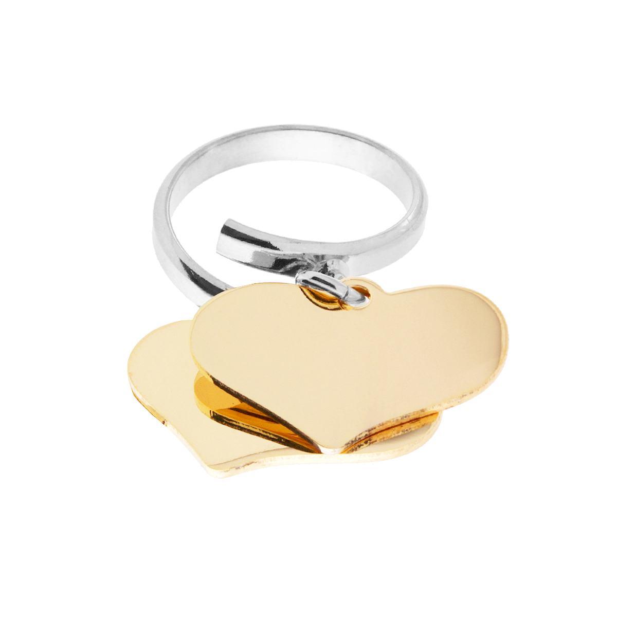 Anello Amore Love con due Cuori Oro pendenti plain mm 23 in ARGENTO 925 Galvanica Rodio