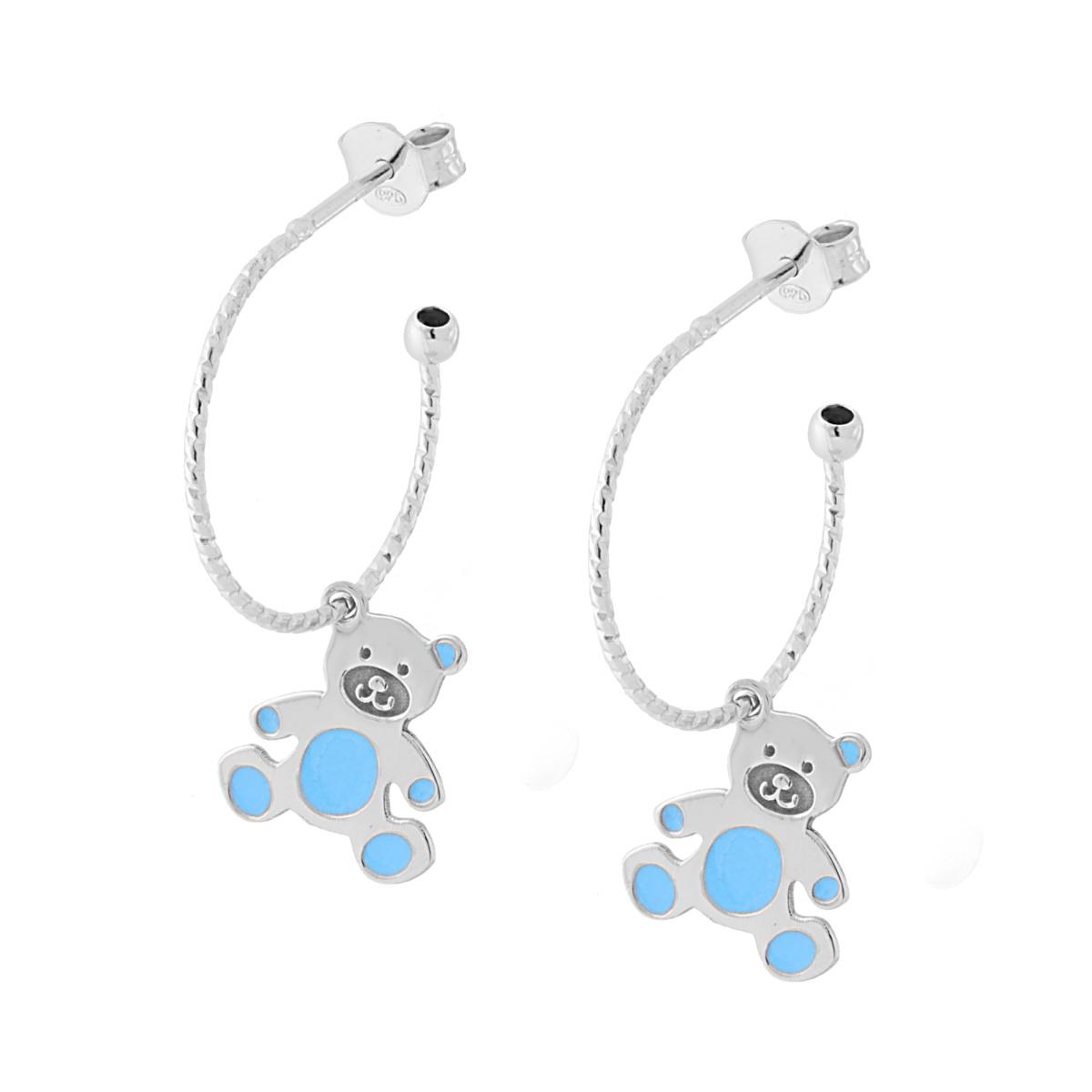 Orecchini Cerchio con Orsetto smalto Azzurro pendentei in ARGENTO 925 Galvanica Rodio