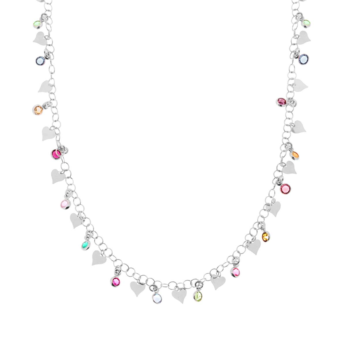 Collana Catena Rolo con Tondi Crystal Multicolor e Cuori Plain Pendenti in ARGENTO 925 Galvanica Rodio