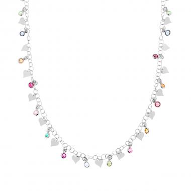 Collana Catena Rolo con Tondi Crystal Multicolor e Cuori Plain Pendenti in ARGENTO 925 Galvanica Rodio