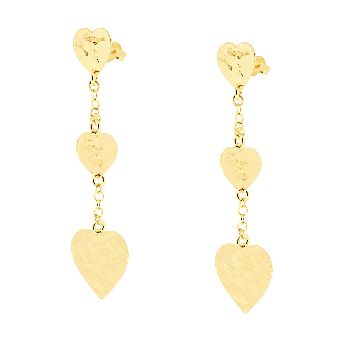 Orecchini pendenti con Catena Rolo e Cuori Piatti martellati in ARGENTO 925 Galvanica Oro