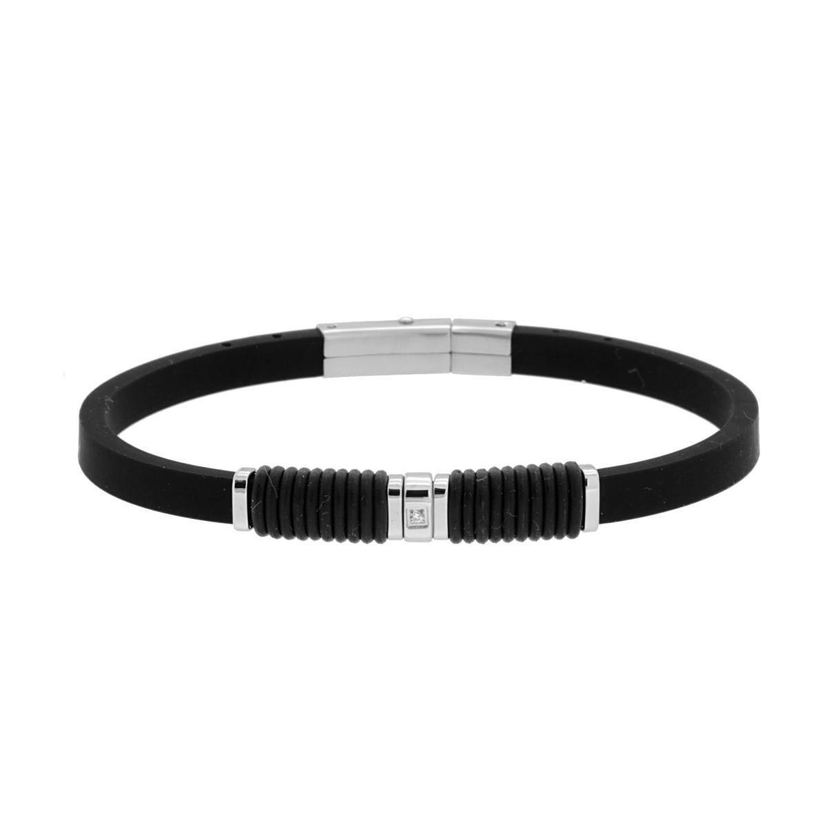 Bracciale in PVC Caucciu Nero con Crystal Bianco e Accessori in ACCIAIO