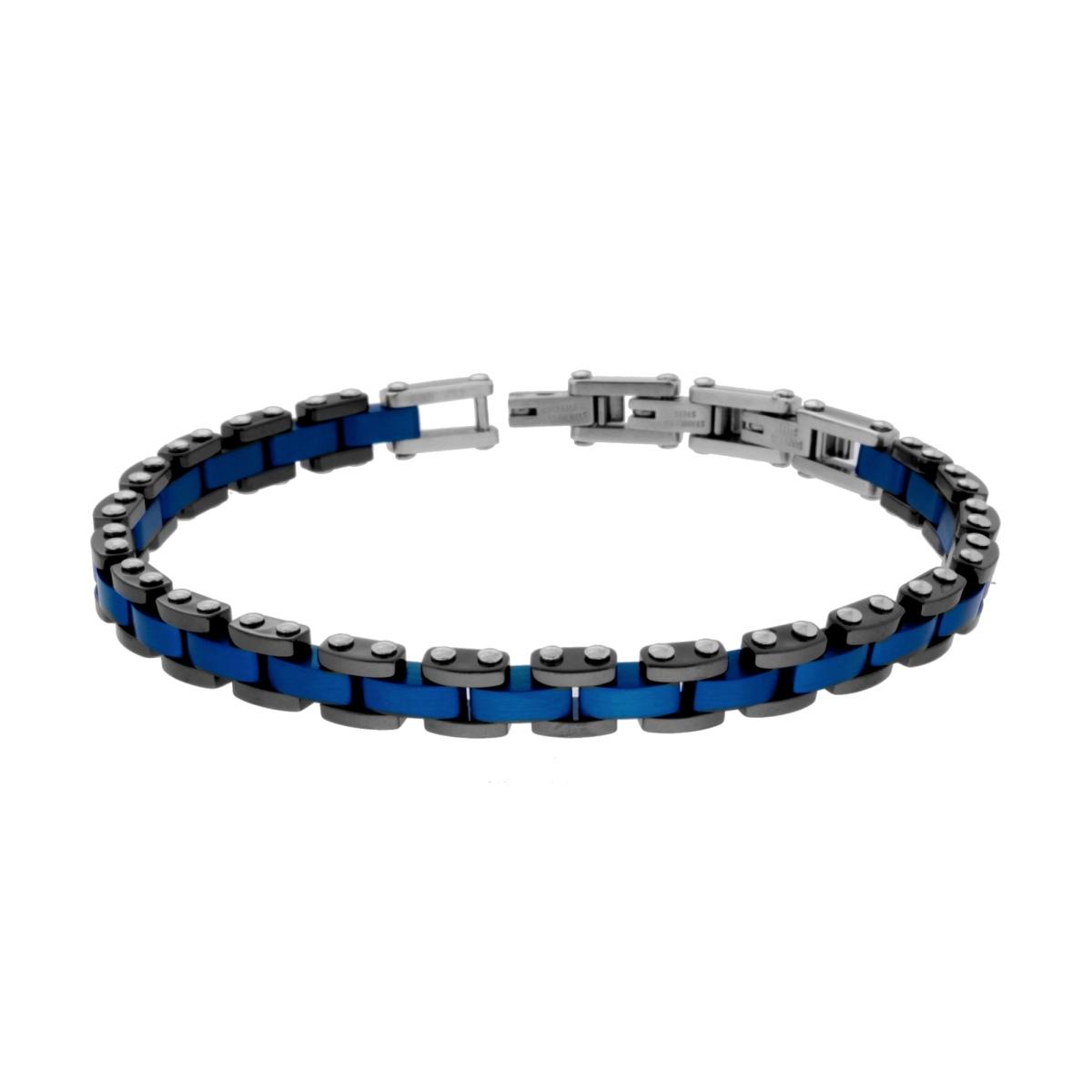 Bracciale Uomo Maglia Imperniata con Ceramica Nera e dettagli Blu in ACCIAIO