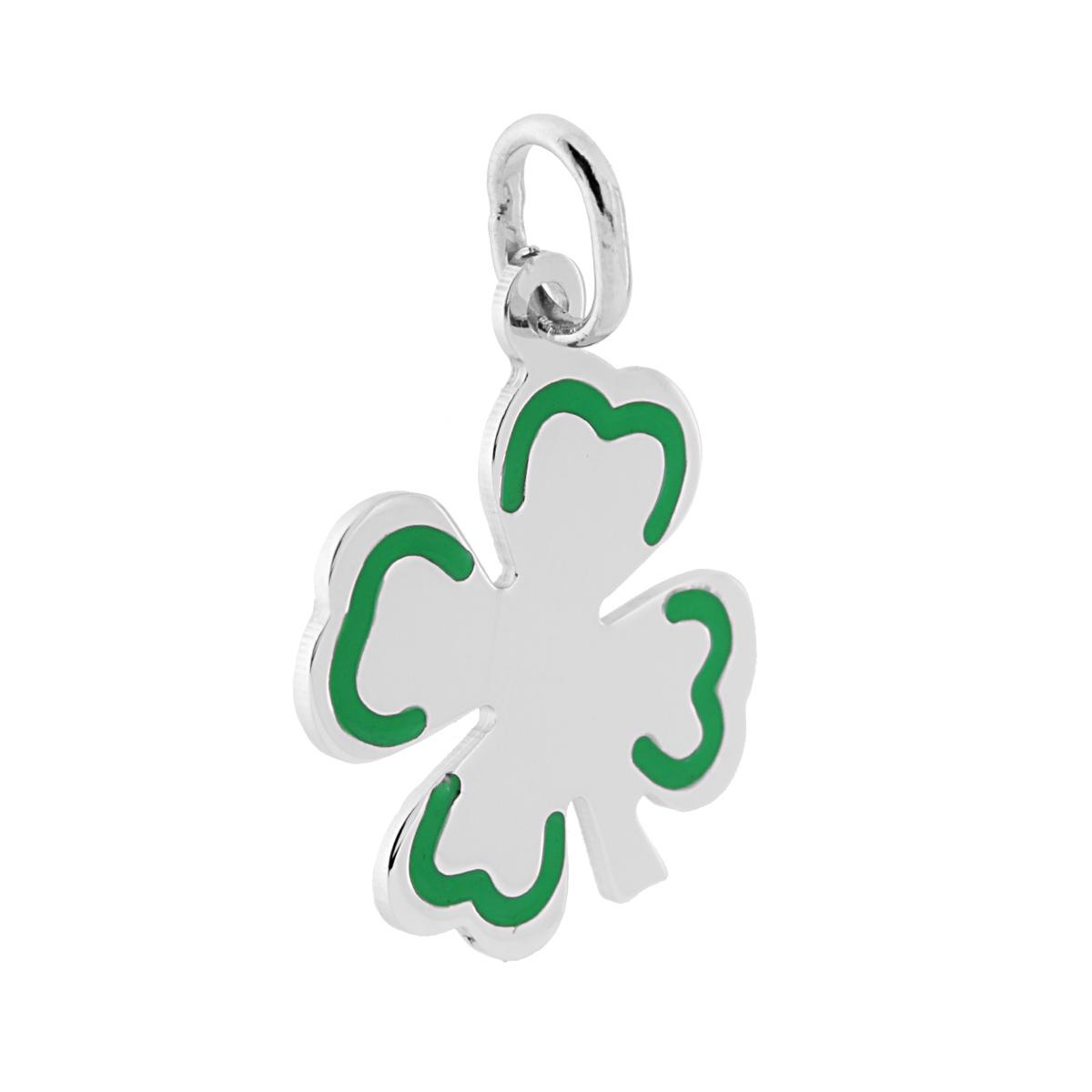 Ciondolo con Sagoma a forma di Quadrifoglio smalto Verde in ARGENTO 925 Galvanica Rodio