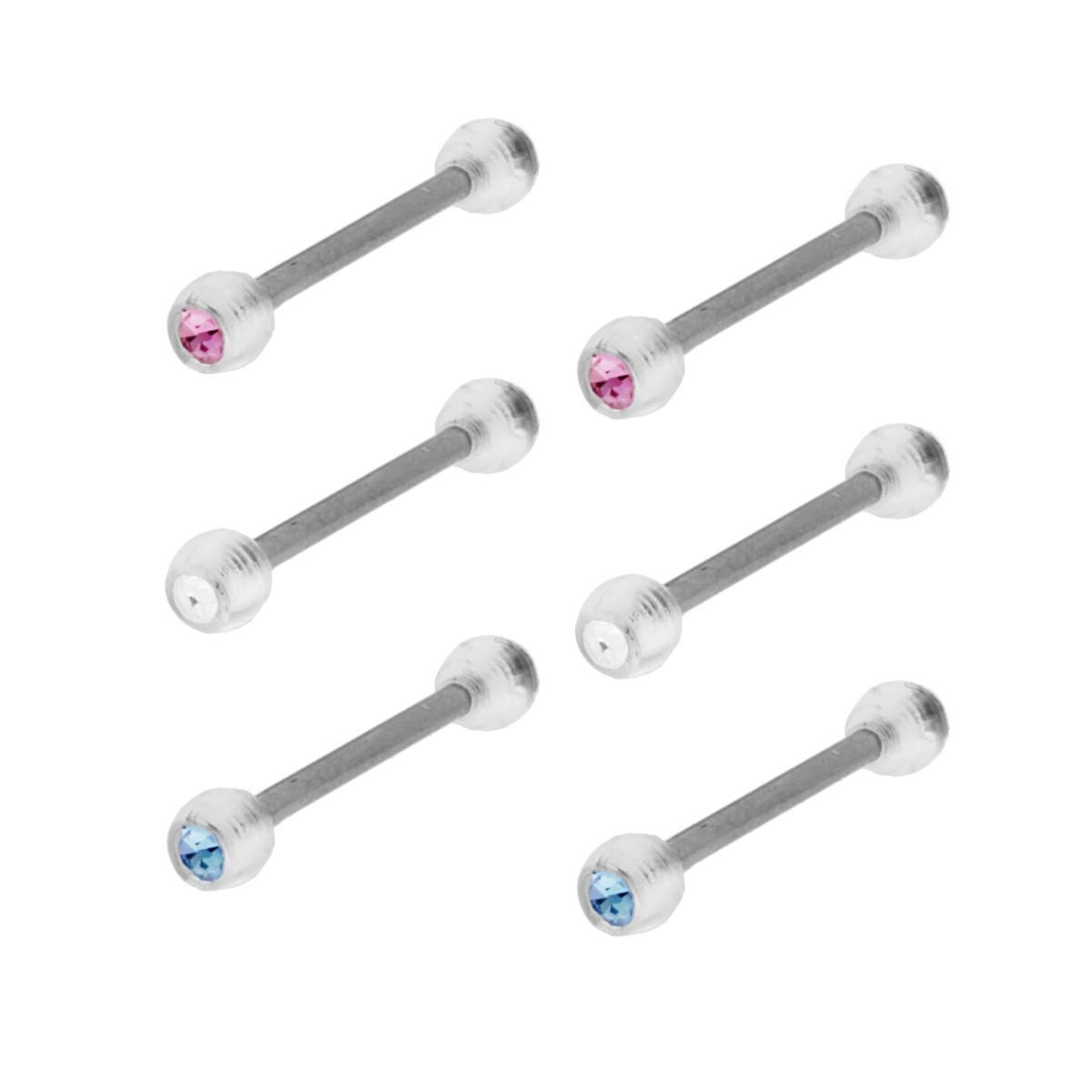 Body Pearcing Barbell mm 18 con Pallina Teflon Trasparente mm 3 con Crystal Rosa Bianco e Azzurro in ACCIAIO Chirurgico