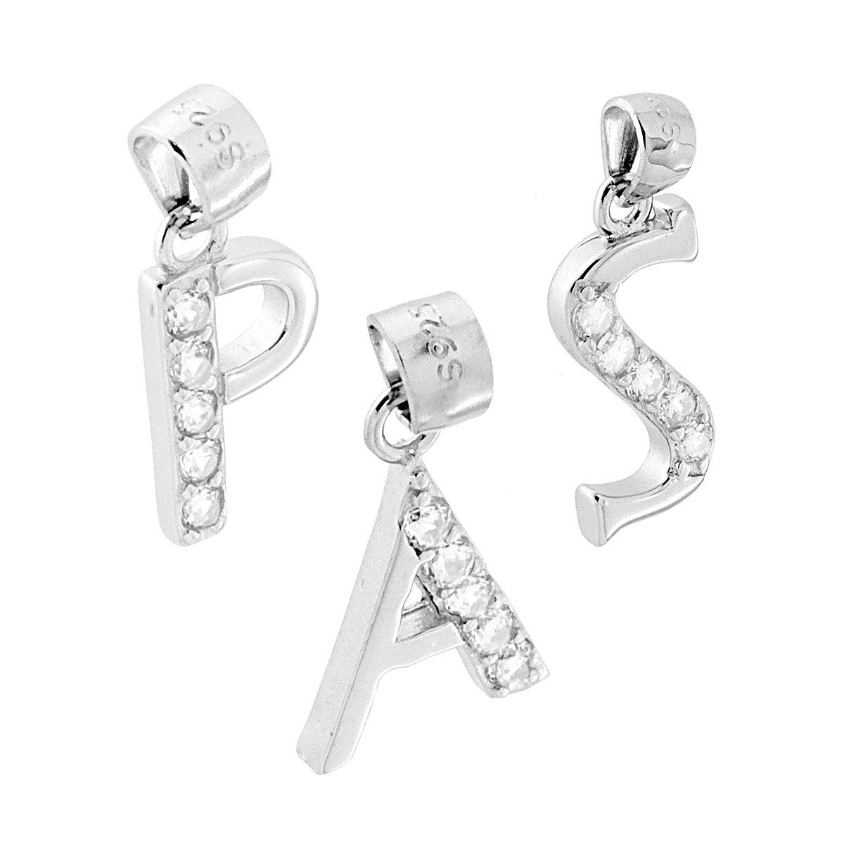 Ciondolo Lettera nome Iniziale con Cubic Zirconia Bianchi in ARGENTO 925 Galvanica Rodio
