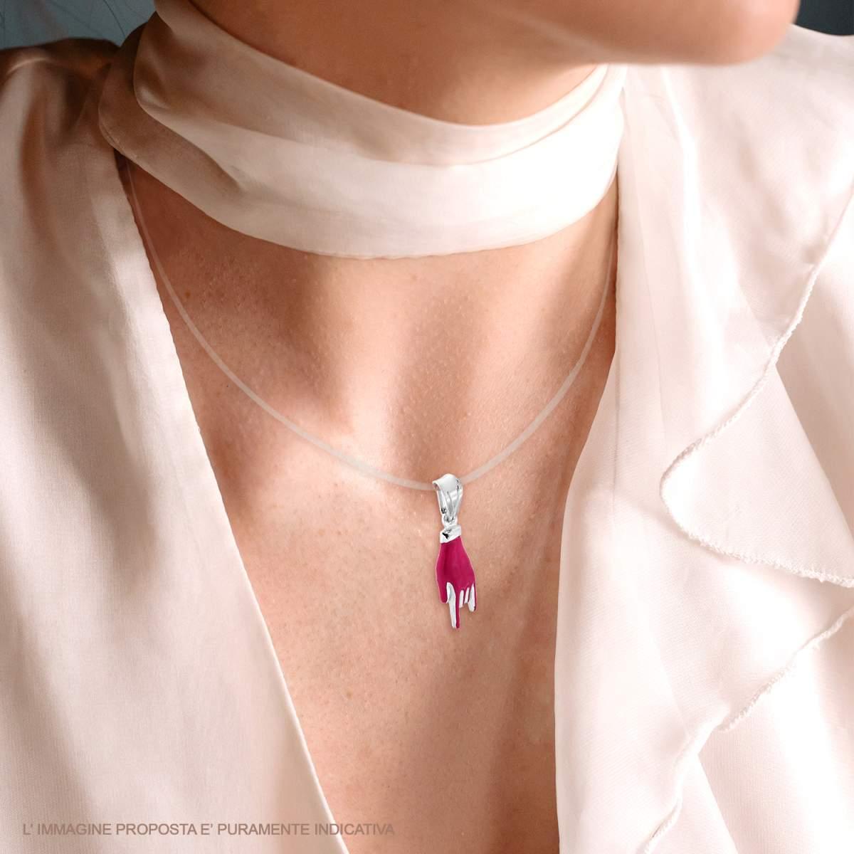 Ciondolo Portafortuna Mano Corna con Smalto Fucsia in ARGENTO 925 Galvanica Rodio