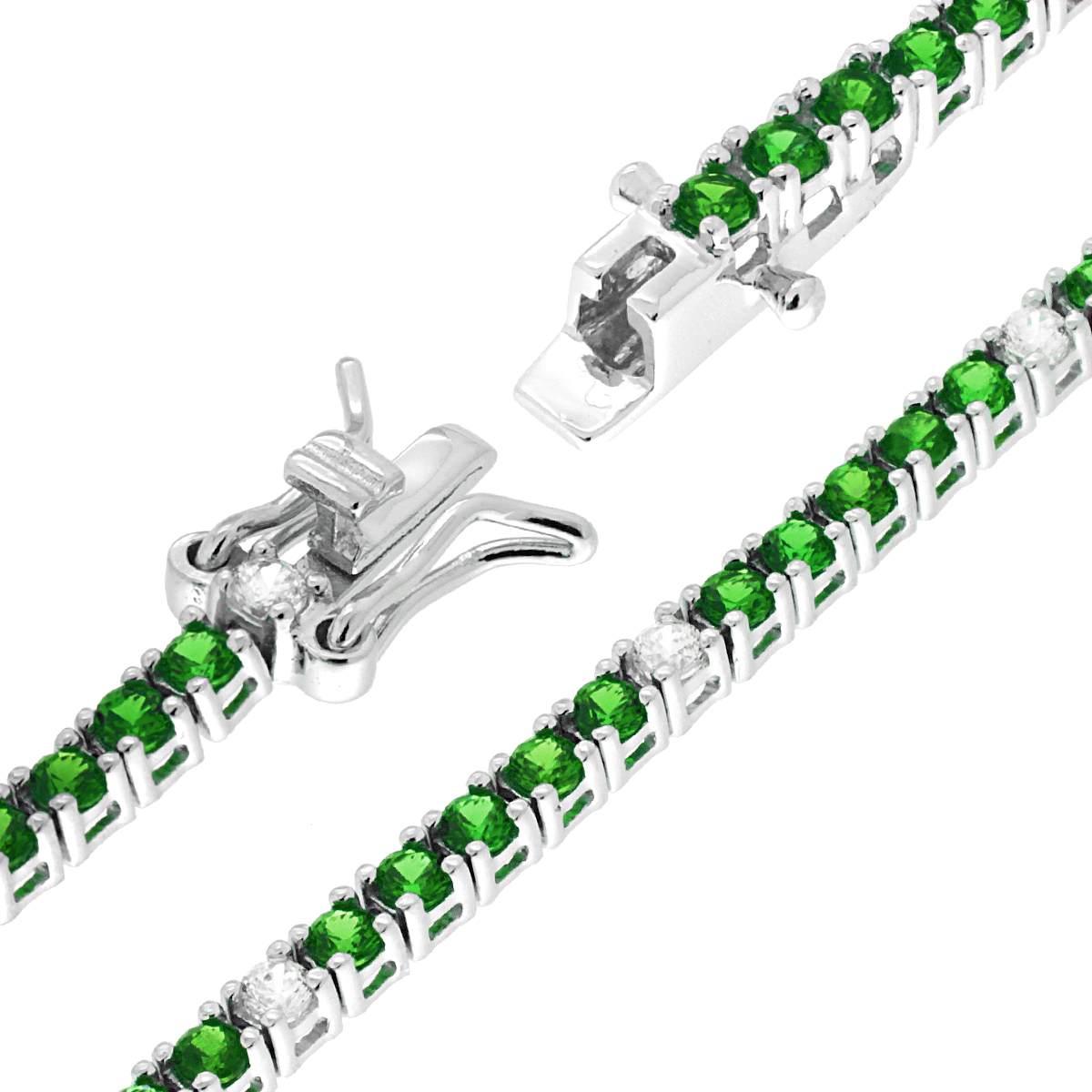 Bracciale Tennis Griffe cm 18 con Zirconi mm 2 Bianchi e Verde Smeraldo alternati in ARGENTO 925 Galvanica Rodio