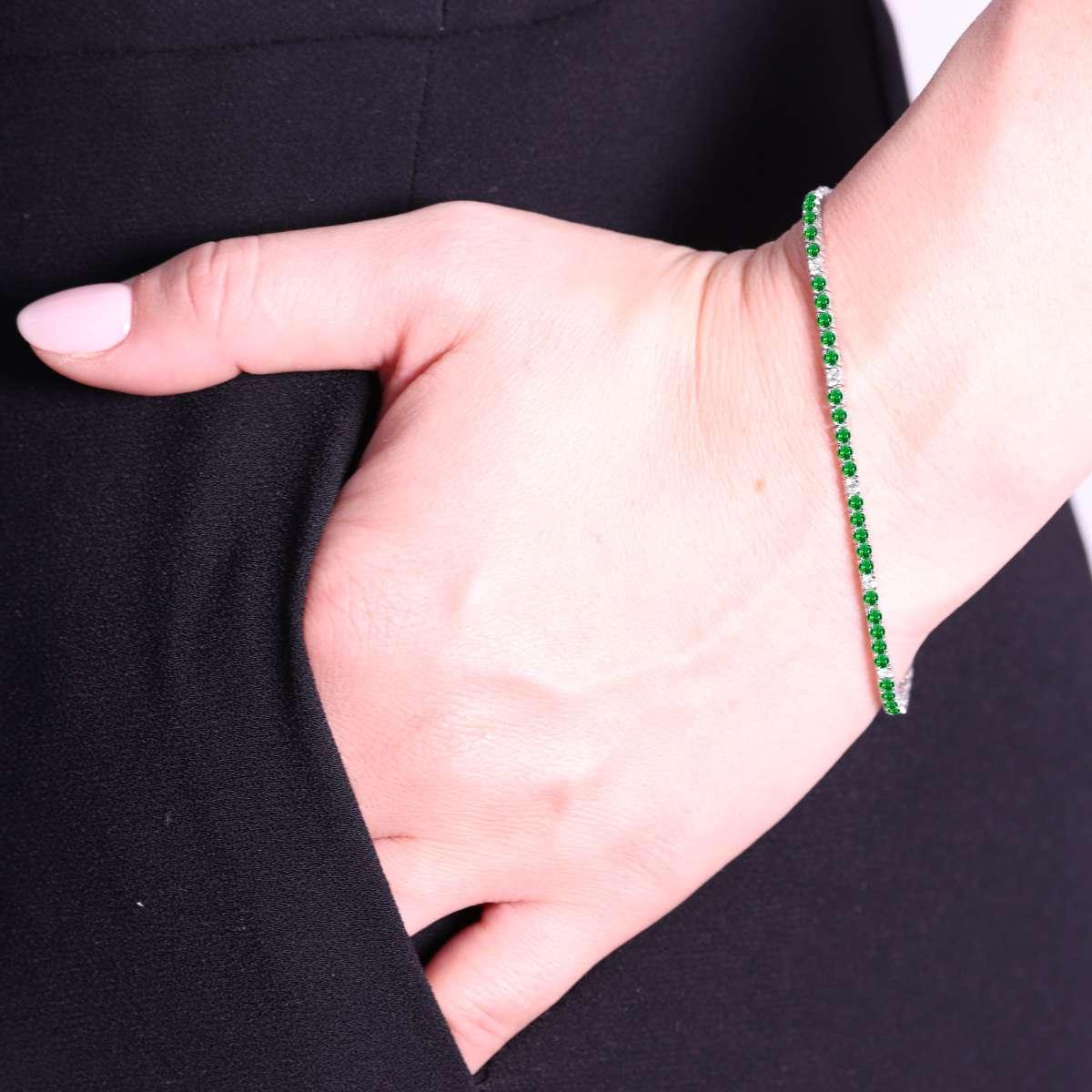 Bracciale Tennis Griffe cm 18 con Zirconi mm 2 Bianchi e Verde Smeraldo alternati in ARGENTO 925 Galvanica Rodio
