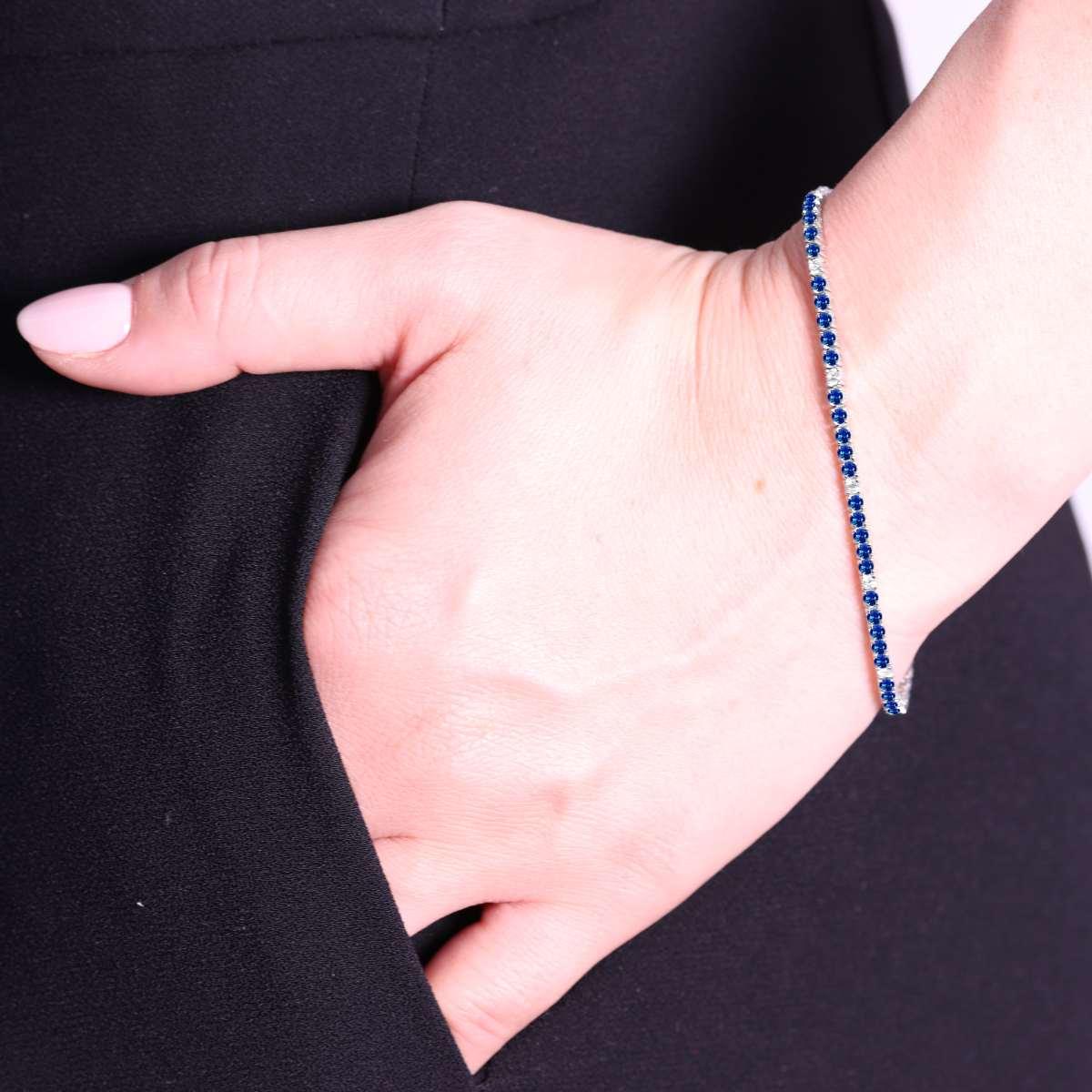 Bracciale Tennis Griffe cm 18 con Zirconi mm 2 Bianchi e Blu Zaffiro alternati in ARGENTO 925 Galvanica Rodio
