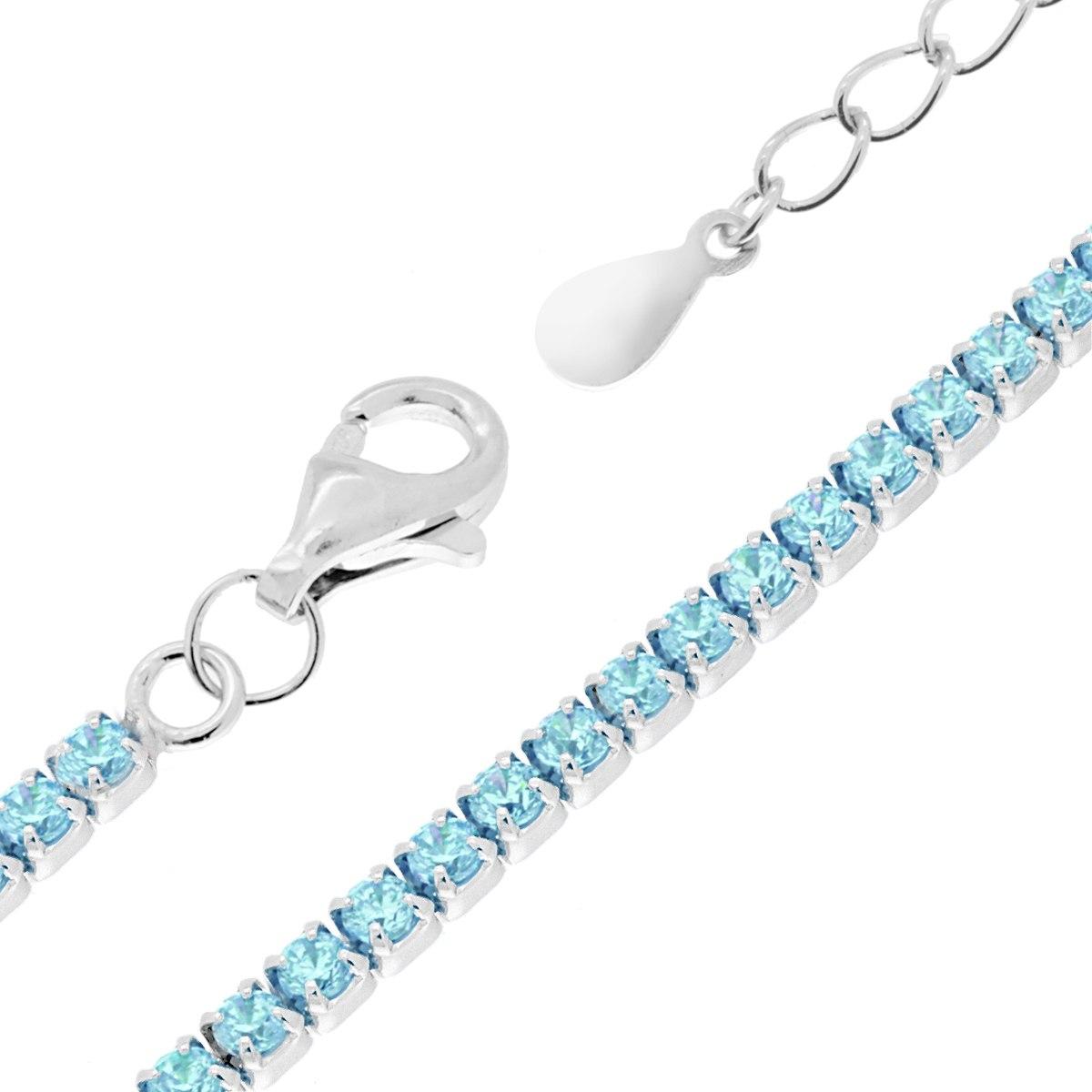 Bracciale Tennis Griffe cm 17+3 con Zirconi mm 2 Acquamarina in ARGENTO 925 Galvanica Rodio