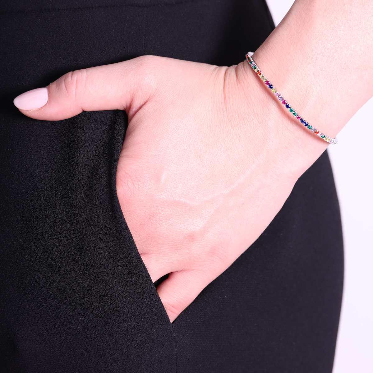 Bracciale Tennis Griffe cm 17+3 con Zirconi mm 2 Multicolor Rainbow in ARGENTO 925 Galvanica Rodio