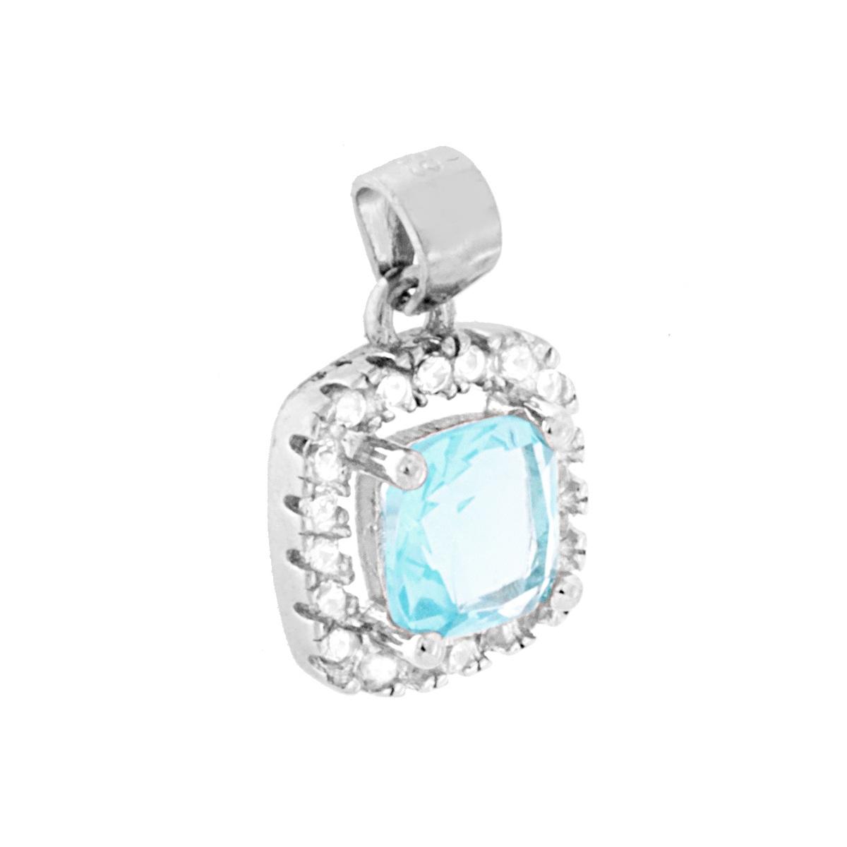 Ciondolo Zircone Quadrato Cushion Acquamarina contornato da Zirconi Bianchi in ARGENTO 925 Galvanica Rodio