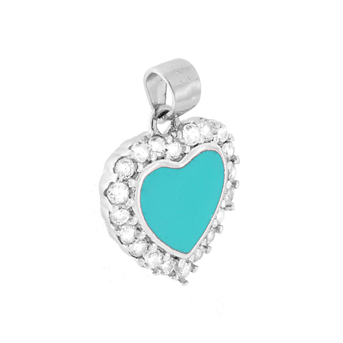 Ciondolo Cuore con Smalto Turchese contornato da Zirconi Bianchi in ARGENTO 925 Galvanica Rodio