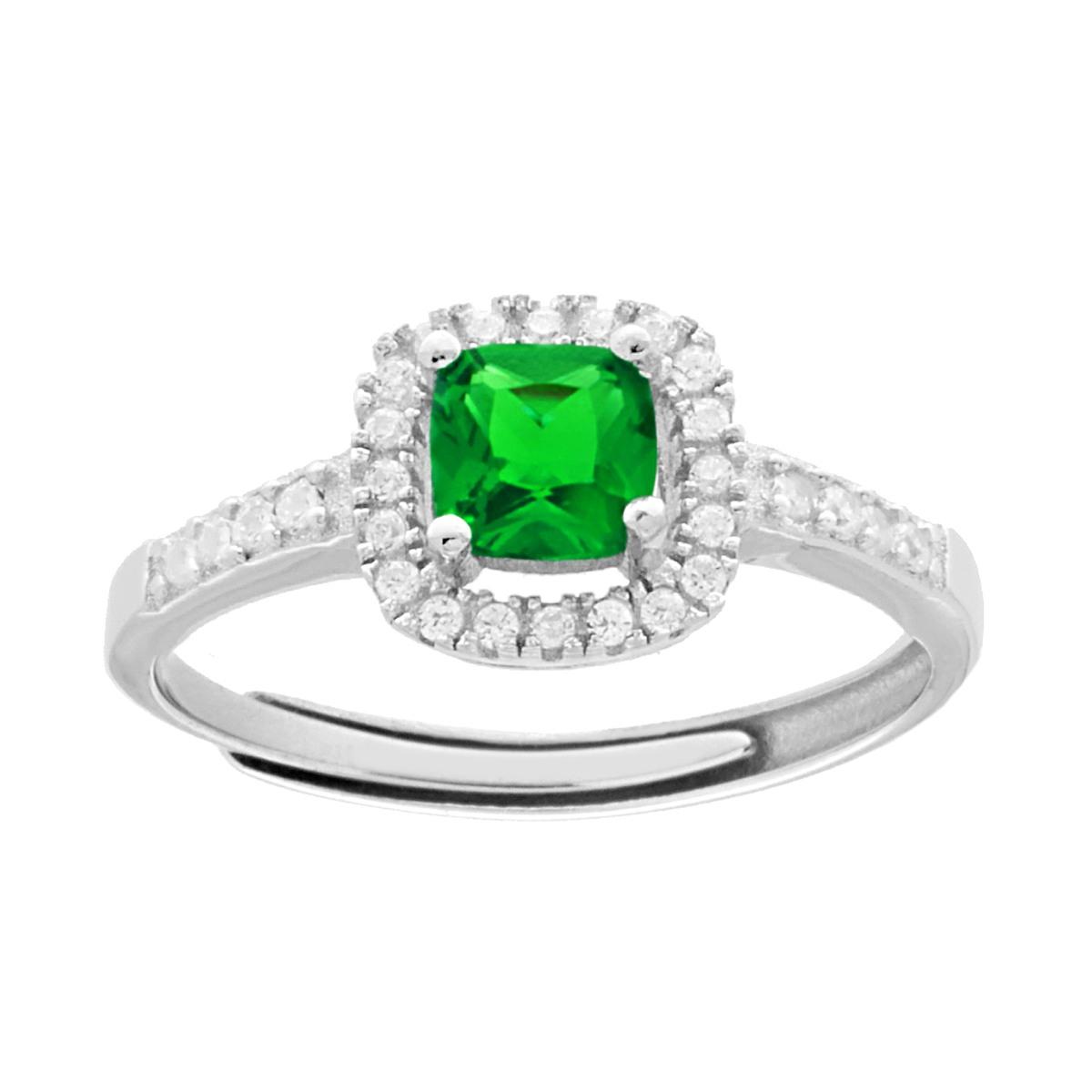 Anello Halo Solitario con Zircone Quadrato Cushion Verde Smeraldo contornato con Zirconi Bianchi in ARGENTO 925 Galvanica Rodio