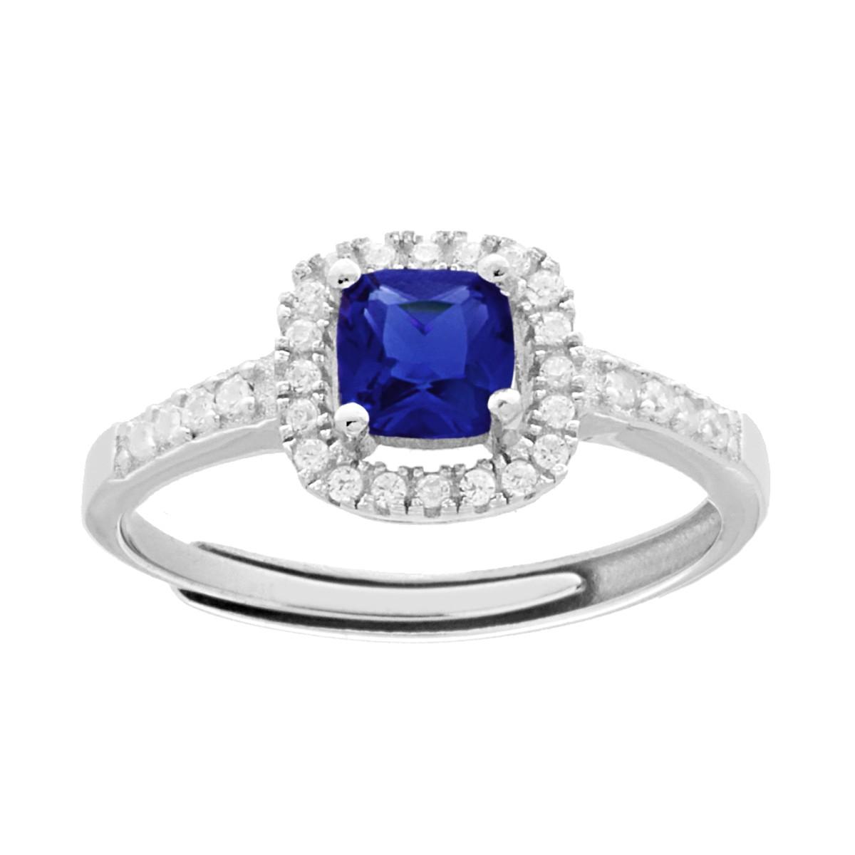 Anello Halo Solitario con Zircone Quadrato Cushion Blu Zaffiro contornato con Zirconi Bianchi in ARGENTO 925 Galvanica Rodio