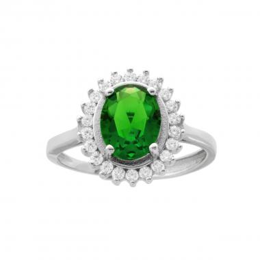 Anello Halo con Zircone Ovale Verde Smeraldo contornato con Zirconi Bianchi in ARGENTO 925 Galvanica Rodio