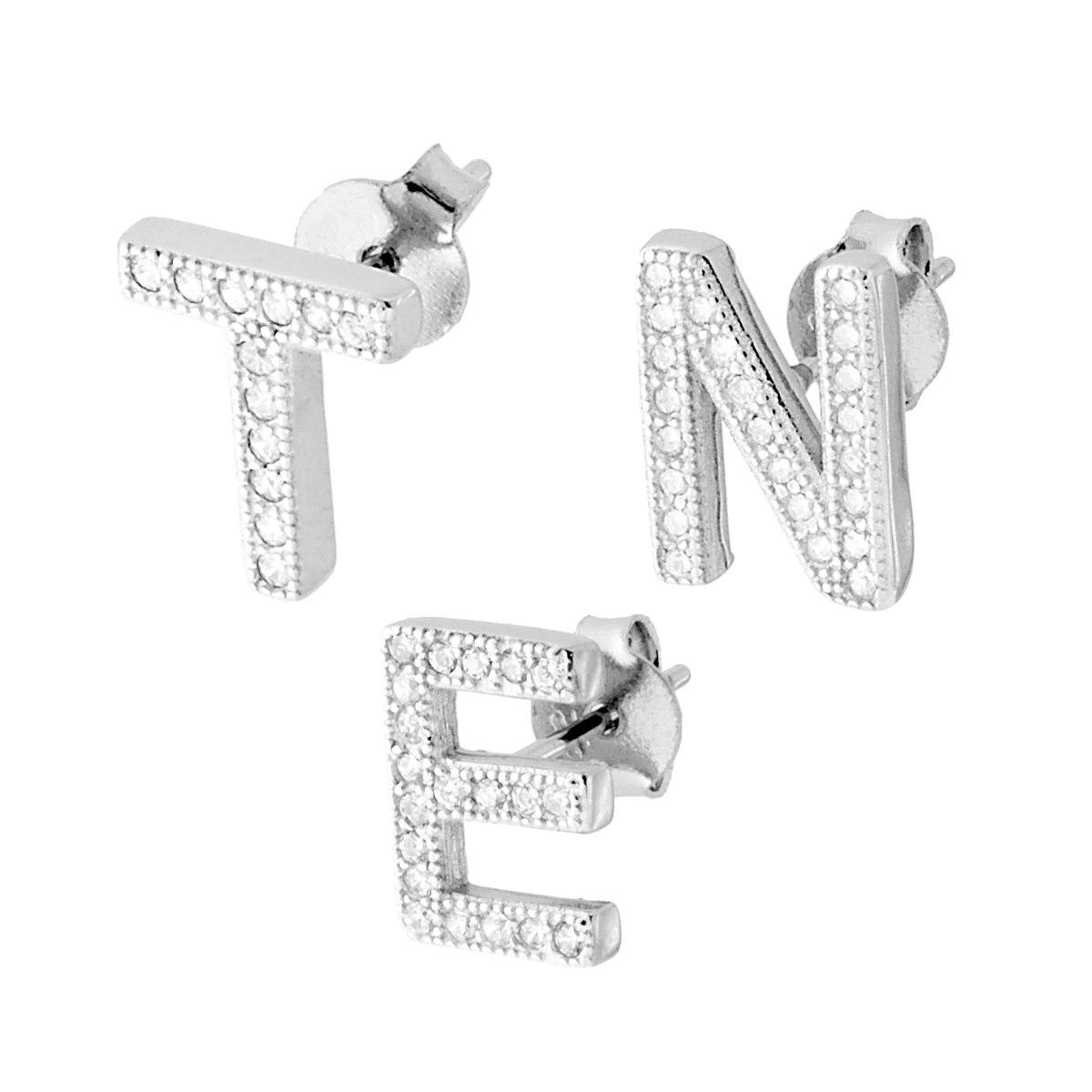 Orecchino Lettera per nome Iniziale con Zirconi Bianchi in ARGENTO 925 Galvanica Rodio