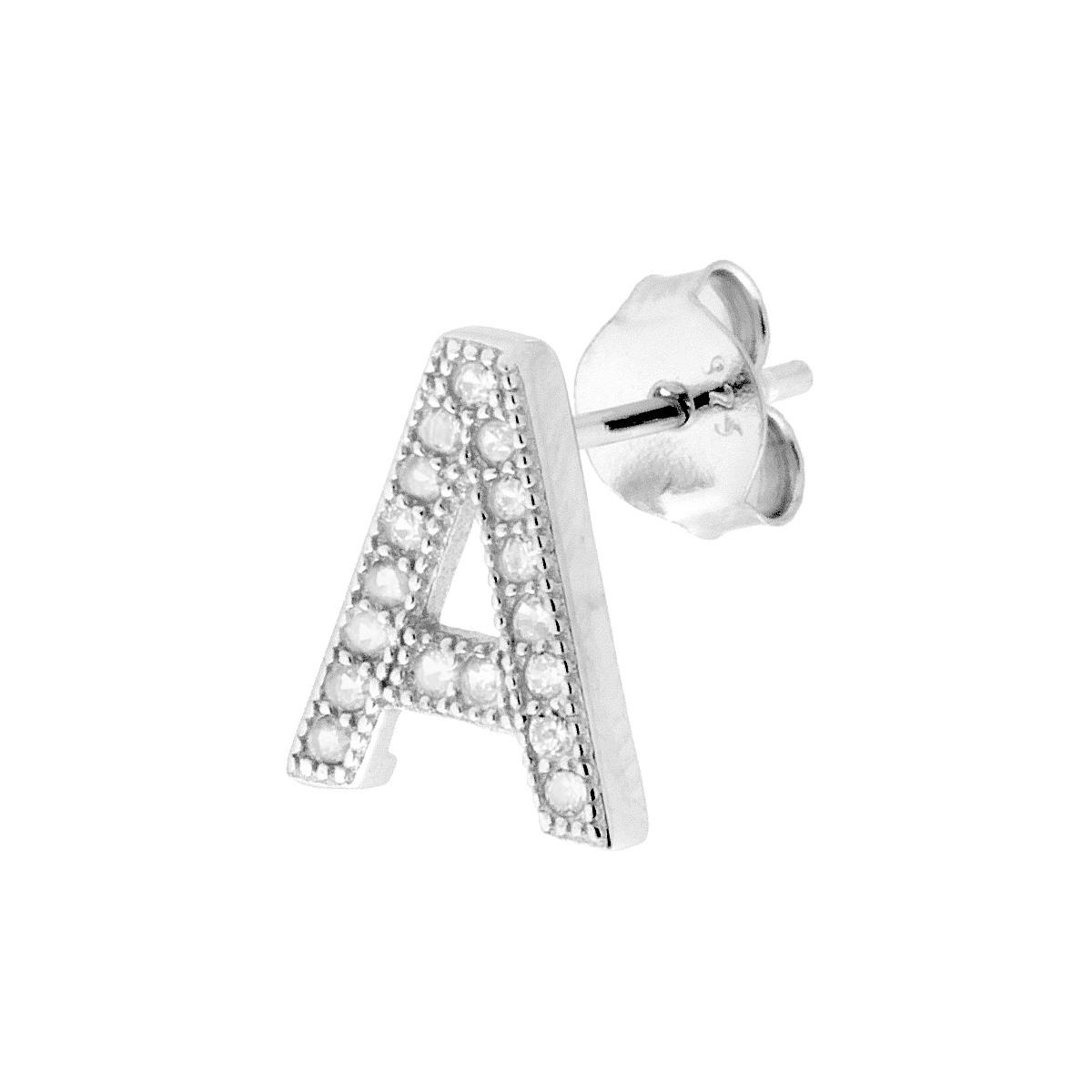 Orecchino Lettera per nome Iniziale con Zirconi Bianchi in ARGENTO 925 Galvanica Rodio