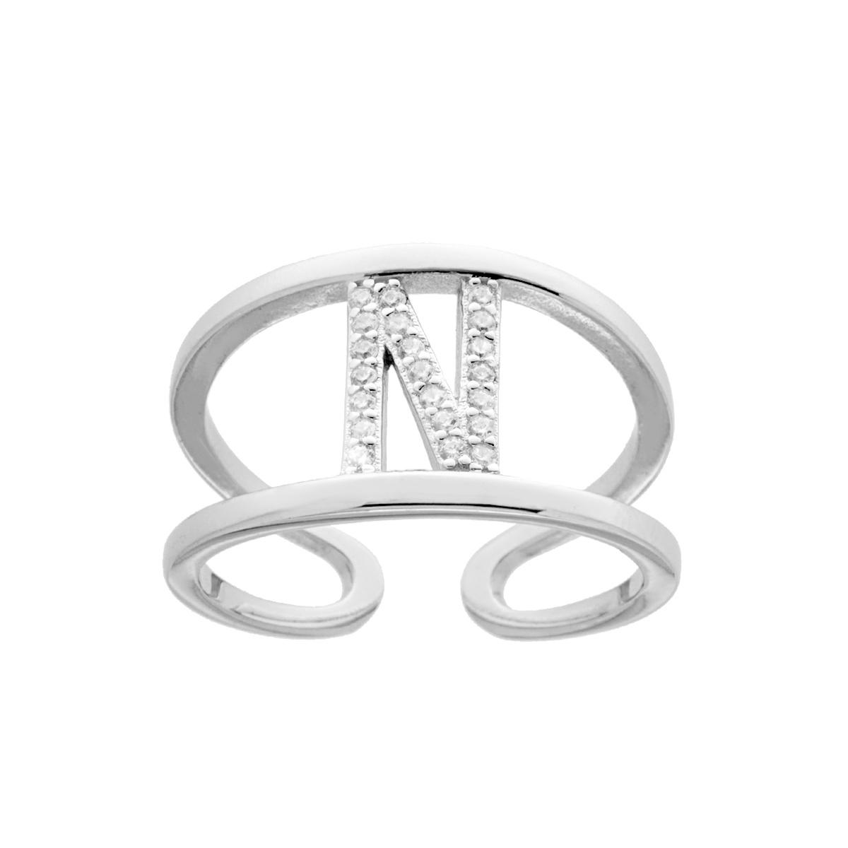 Anello Fascione a doppio gambo con Lettera Iniziale con Zirconi Bianchi in ARGENTO 925 Galvanica Rodio