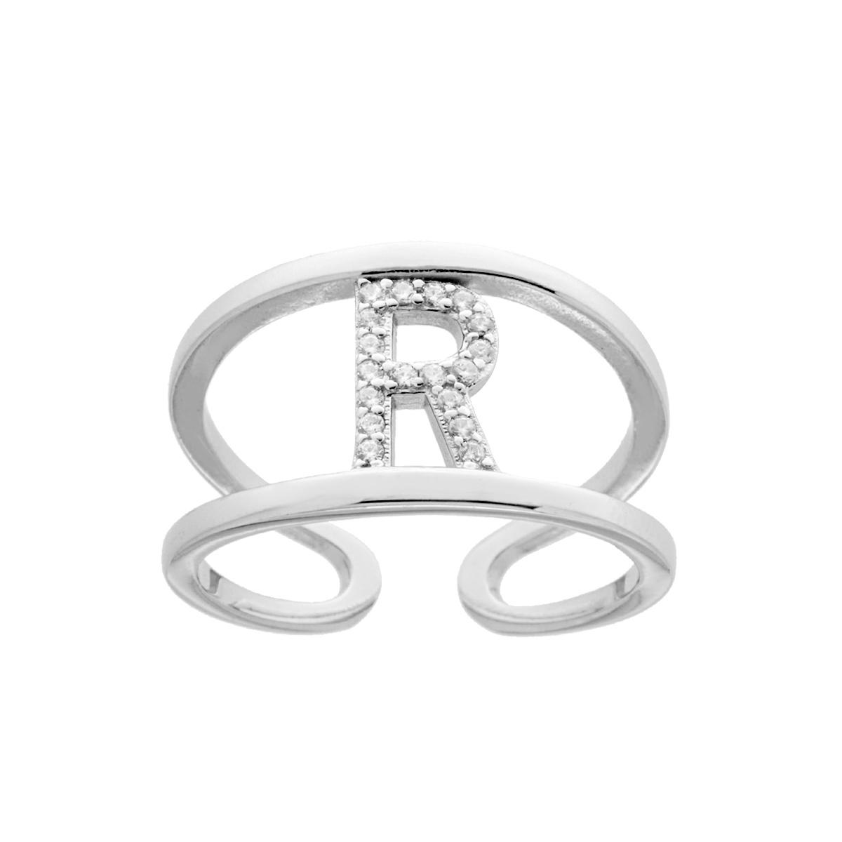 Anello Fascione a doppio gambo con Lettera Iniziale con Zirconi Bianchi in ARGENTO 925 Galvanica Rodio