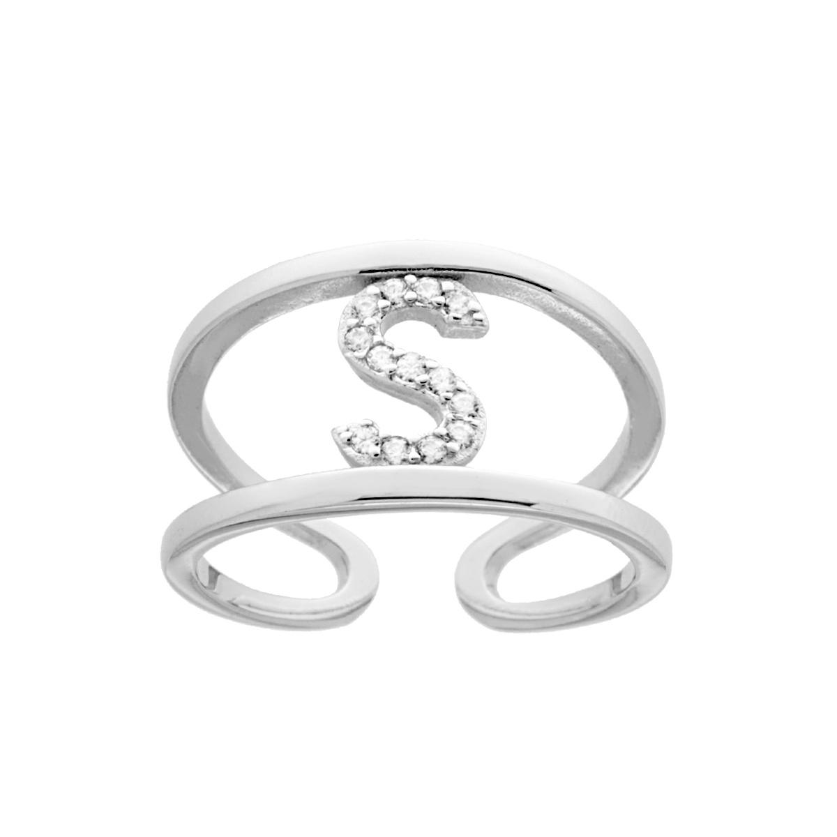 Anello Fascione a doppio gambo con Lettera Iniziale con Zirconi Bianchi in ARGENTO 925 Galvanica Rodio