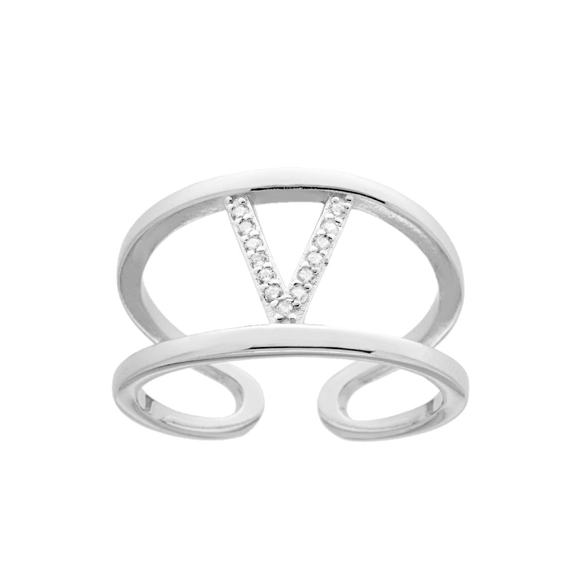 Anello Fascione a doppio gambo con Lettera Iniziale con Zirconi Bianchi in ARGENTO 925 Galvanica Rodio