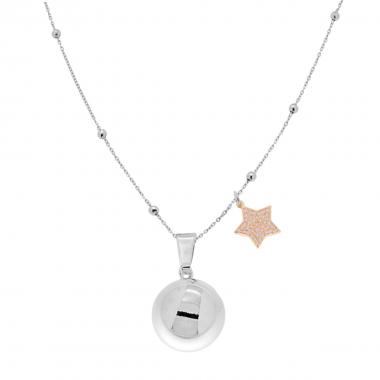 Collana Catena Forzatina Diamantata con Palline cm 90 con Chiama Angeli e Stella Charms Strass in ACCIAIO e BRONZO