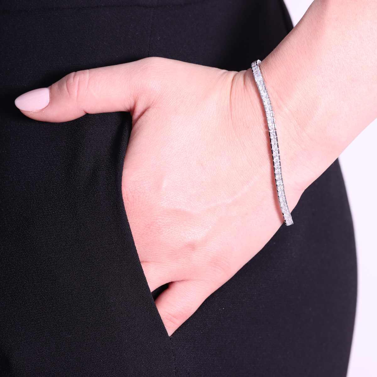 Bracciale Tennis Carre cm 18 con Zirconi mm 3 Bianchi in ARGENTO 925 Galvanica Rodio