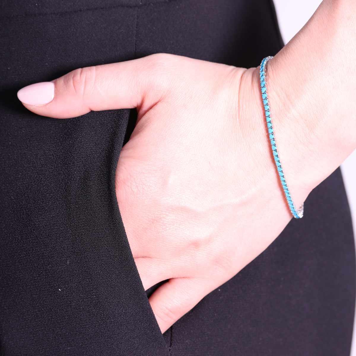 Bracciale Tennis Griffe cm 18 con Pietre mm 2 Turchese in ARGENTO 925 Galvanica Rodio