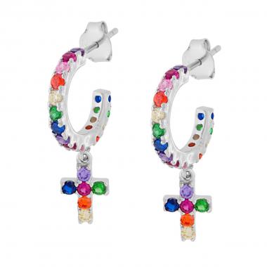 Orecchini Cerchio mm 15 con Croce pendente con Zirconi Rainbow Multicolor in ARGENTO 925 Galvanica Rodio