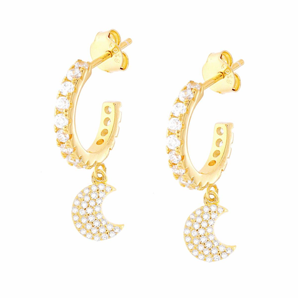 Orecchini Cerchio mm 15 con Luna pendente con Zirconi Bianchi in ARGENTO 925 Galvanica Oro