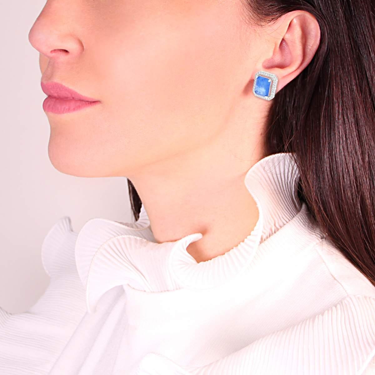 Orecchini Rettangolare Tanzanite Blu Contornata con Zirconi Bianchi in ARGENTO 925 Galvanica Rodio