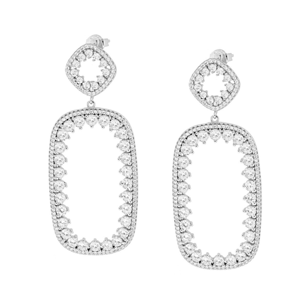 Orecchini Rettangolari Pendenti con Zirconi Bianchi in ARGENTO 925 Galvanica Rodio