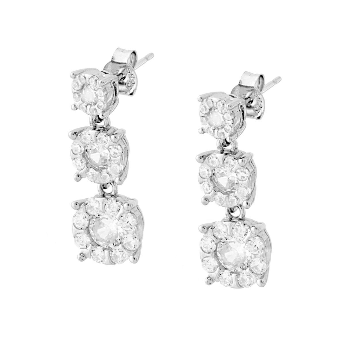 Orecchini Trilogy tre Fiori pendenti con Zirconi Bianchi in ARGENTO 925 Galvanica Rodio