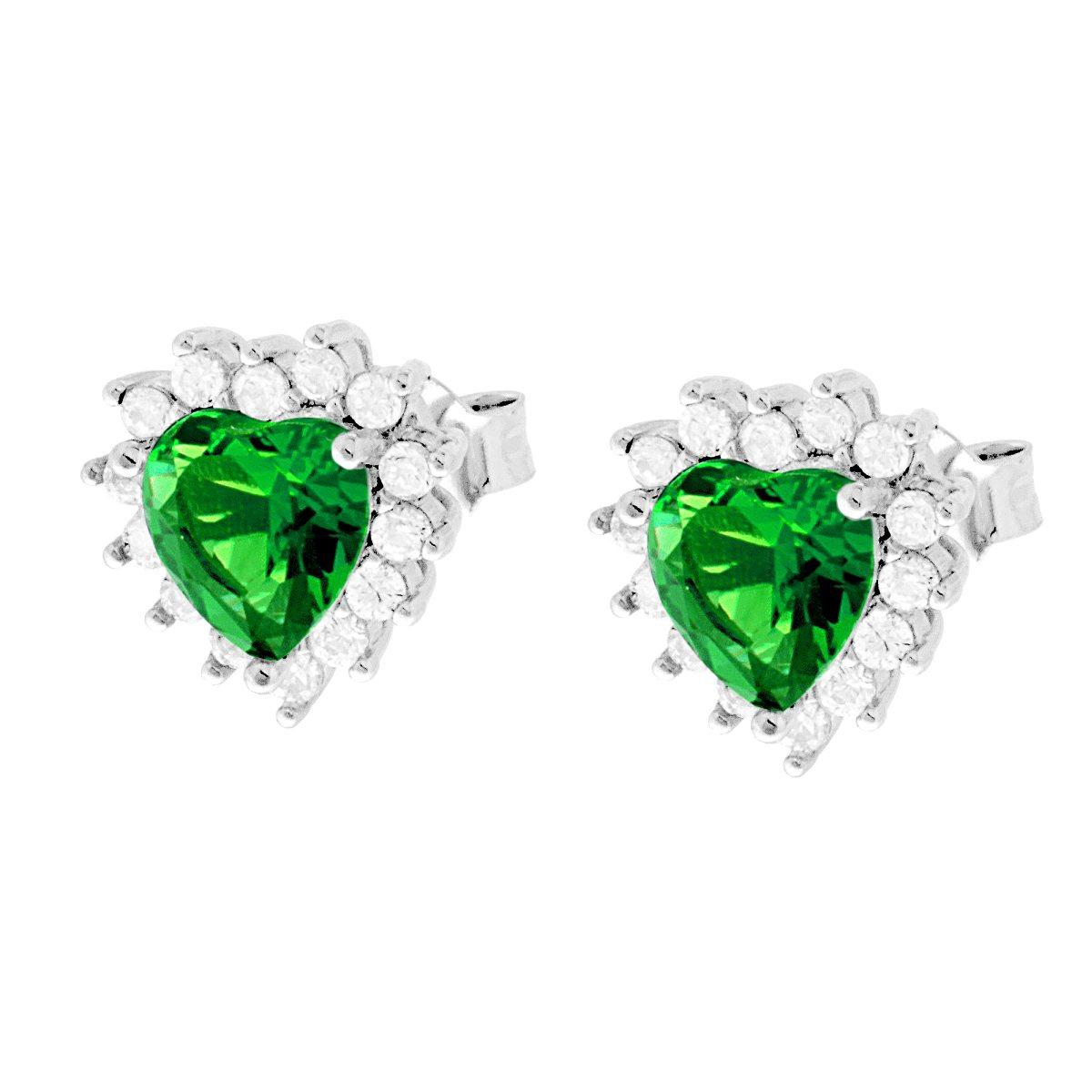 Orecchini Cuore Zircone Verde Smeraldo contornato con Zirconi Bianchi in ARGENTO 925 Galvanica Rodio